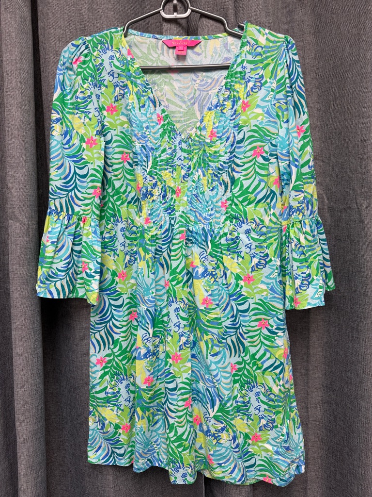 Lilly Pulitzer Green Tropical Floral V-Neck Dress With Pink Accents